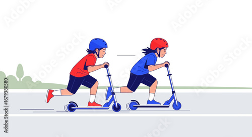 Two kids riding kick scooters in an illustration, showcasing summertime fun and recreation