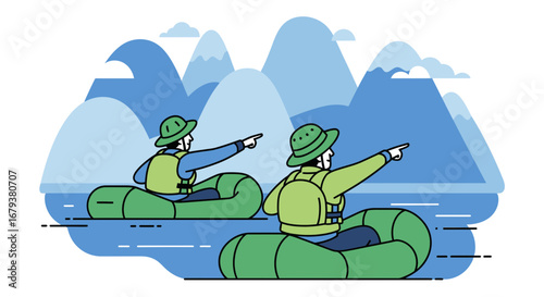 Two people exploring the mountains by rafting and pointing to the target direction