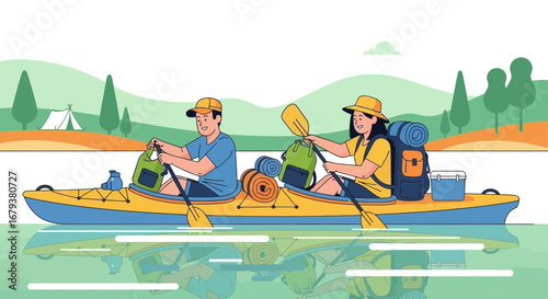 Two people kayaking on a lake, enjoying the outdoors camping adventure together