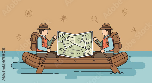Two people in a boat reading a map exploring outdoors vector illustration