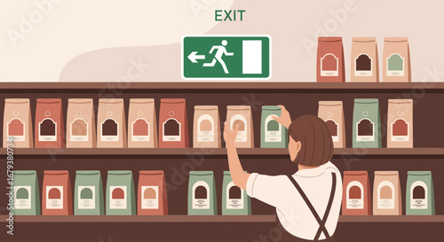 Woman Choosing Coffee Bean Packages Under Exit Sign In A Calm And Pleasant Shop