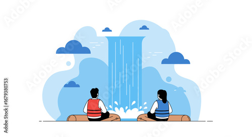 Two People Observing Waterfall, Enjoying Calm, Conceptual Illustration