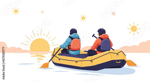 Two people on a rafting adventure enjoying a beautiful sunrise, outdoor activity illustration