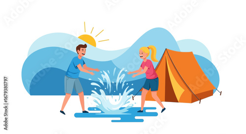 Two people playing in the water near a tent enjoying the summer vacation outdoors