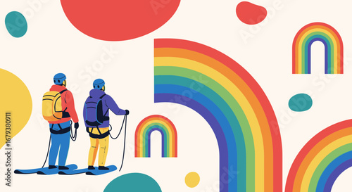 Two Travelers Amidst Vibrant Rainbows in Animated Style and Minimalist Design