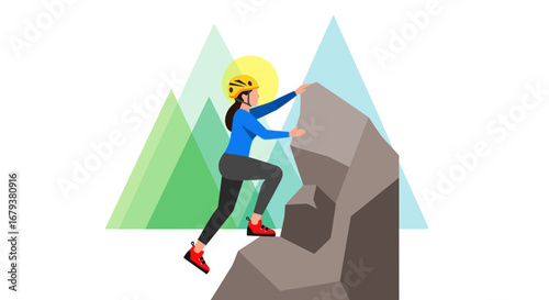 Woman Climbing a Rock Face Achieving a Goal with Mountain Scenery Illustration
