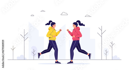 Two Woman Running In Park, Illustration Depicting Fitness and Active Habits, Vector Image