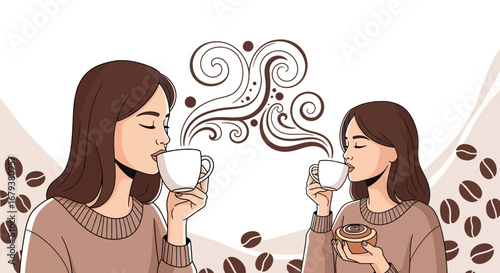 Two Women Enjoying Aromatic Coffee With a Pastry in a Delightful Illustration