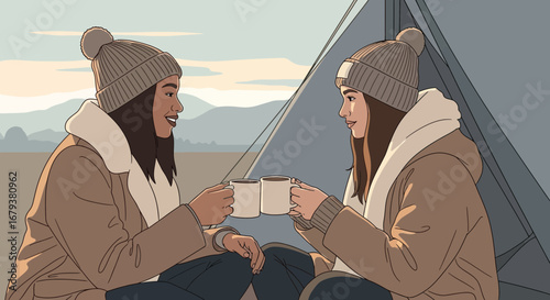 Two Women Enjoying Coffee and Each Other's Company Outside a Tent
