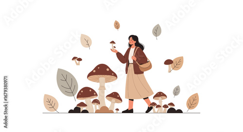 Woman collecting mushrooms in the forest during autumn season beautiful illustration