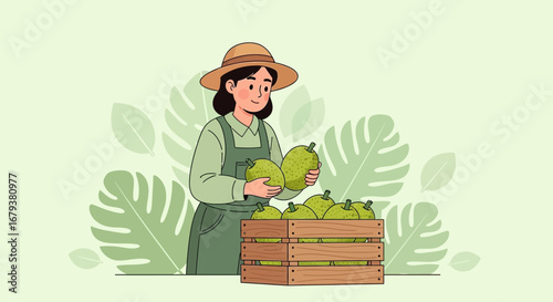 Woman Collecting Fruit In Farm, A Fresh Harvest, Green Tones, Simple Illustration