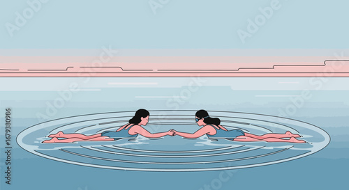 Two women in a pool holding hands, illustration of friendship, support and love