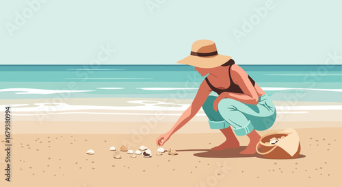 Woman Collecting Seashells On The Sandy Beach While Enjoying Her Summer Vacation