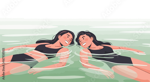 Two Women Swimming in Calm Waters Gaze Happily at Each Other, Enjoying Summer
