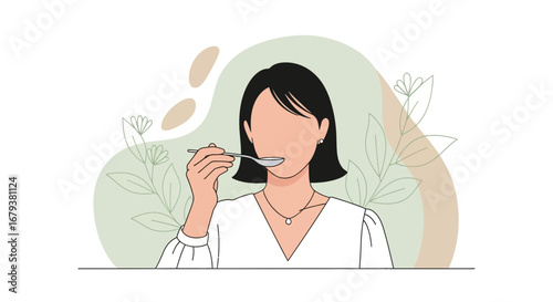 Woman Consuming Food From Spoon, Minimalist Illustration With Plant Backgrounds