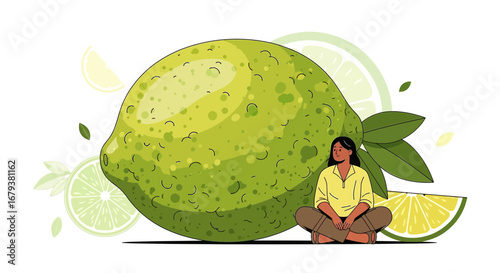 Woman Contemplating A Huge Citrus Fruit With Lime Slices Nearby Illustration