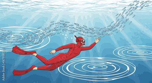 Underwater Adventurer Embracing Marine Life Encounter Amongst The School Of Fish