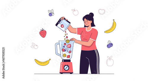 Woman Crafting A Refreshing, Vibrant Smoothie With Fresh Ingredients and Delicious Fruits