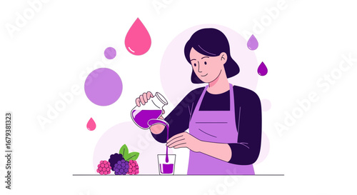 Woman Crafting a Delicious Berry Juice and a Burst of Artistic Illustration