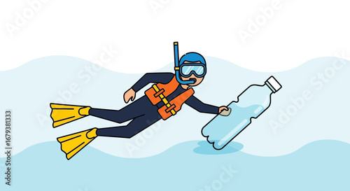 Underwater Cleanup: Volunteer Diver Collecting Plastic Bottle in the Ocean Environment
