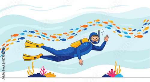 Underwater Adventures: A Scuba Diver Enjoys Watching The school Of Fish