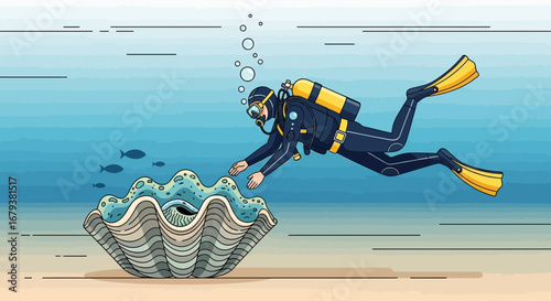 Underwater Diver Exploring a Giant Clam with Fish, Diving Exploration Illustration