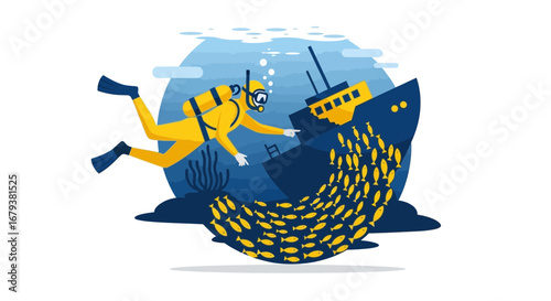 Underwater Diver Exploring a Sunken Ship with Marine Life in Vivid Artistic Illustration