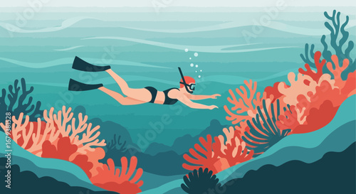 Underwater Diver Explores Coral Reefs in Stunning Illustration Depicting Marine Life