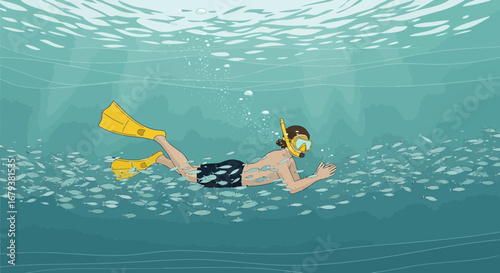Underwater Diver Exploring A Vibrant Reef And Swimming Alongside A School Of Fish Scene