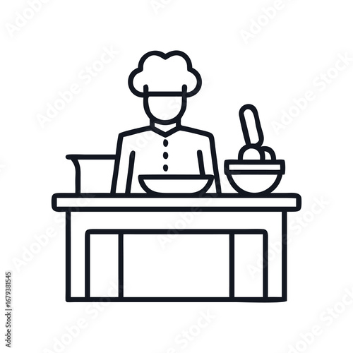 Chef preparing food at the table in a restaurant or kitchen, chef cooking in kitchen icon vector illustration