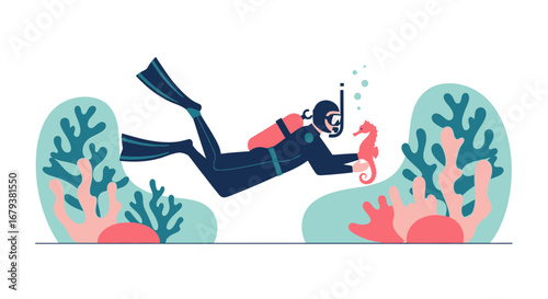 Underwater Diver Interacts With Seahorse Amongst Coral Reefs In The Deep Blue Ocean