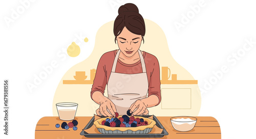 Woman Creating A Delightful Fruit Tart, Culinary Artistic Expression, Kitchen Cooking Illustration