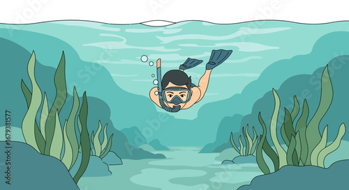 Underwater Diver Swimming through the Sea in the Tranquil Depths of the Ocean