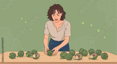 Woman Curating And Arranging Fresh Artichokes On A Wooden Surface For Culinary Purposes
