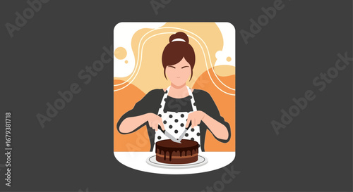 Woman Cuts Delicious Chocolate Cake With Knife Ready To Serve Dessert Treat
