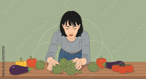 Woman Curating Fresh Vegetables on a Wooden Table for Culinary and Healthy Goals