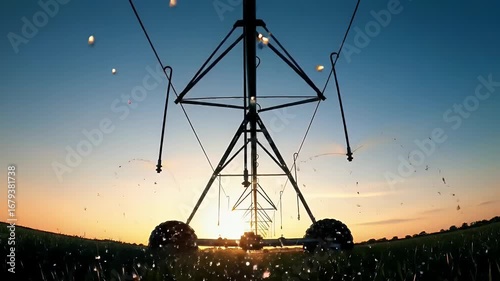 Silhouetted Irrigation System in Vibrant Green Field Under Colorful Orange and Blue Gradient Sunset Sky