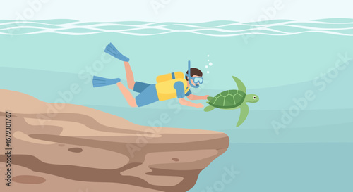 Underwater Encounter: Diver Exploring Ocean Depths and Swimming with a Sea Turtle
