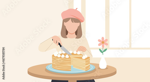 Woman Cutting Cake, Delicate Floral Decor, A Moment Of Gastronomic Delight And Flavor