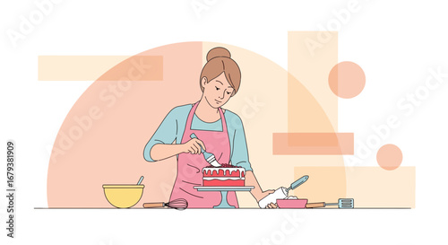 Woman Decorating a Delicious Cake with Icing and Creativity for Celebration Moment