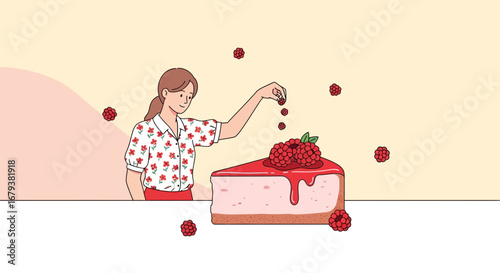 Woman Decorating A Raspberry Cheesecake, Ideal For Advertising And Cookbook Content
