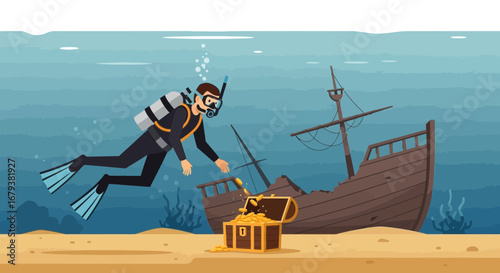 Underwater Exploration: A Diver Unearths Treasure Near a Sunken Shipwreck Discovery Scene