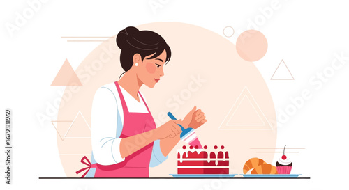 Woman Decorating Cake with Fondant Illustration for Baking and Culinary Content