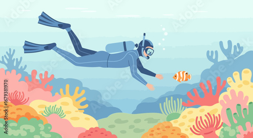 Underwater Exploration: A Scuba Diver Interacting With Colorful Coral And Aquatic Wildlife