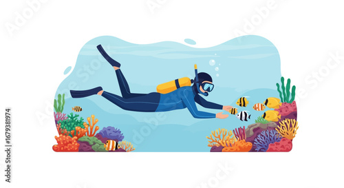 Underwater Exploration: A Scuba Diver Interacting With Tropical Fish Amidst Colorful Coral Reefs