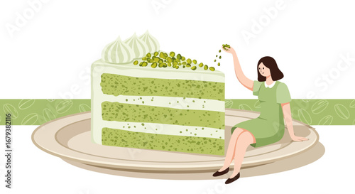 Woman Decorating Matcha Cake, Culinary Art, Dessert Decoration, Artistic Food Illustration