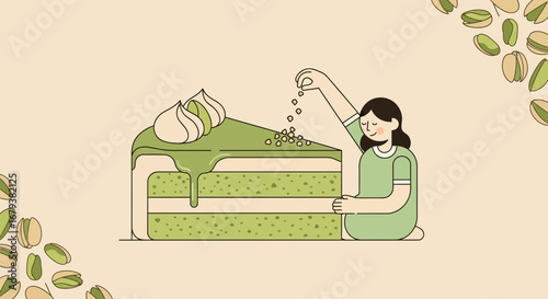 Woman Decorating Pistachio Cake With Sweet Ingredients For Food Enthusiasts Offering