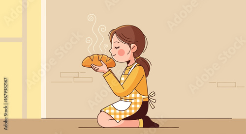 Woman Delighted By Freshly Baked Bread, Warm Atmosphere, Peaceful Moment, Simple Illustration