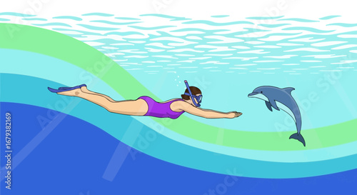 Underwater Exploration: Snorkeler Swimming with a Playful Dolphin in a Vibrant Marine Scene