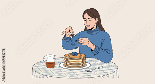 Woman Delicately Arranging Fresh Blueberries atop Delicious Pancakes, Ready To Consume